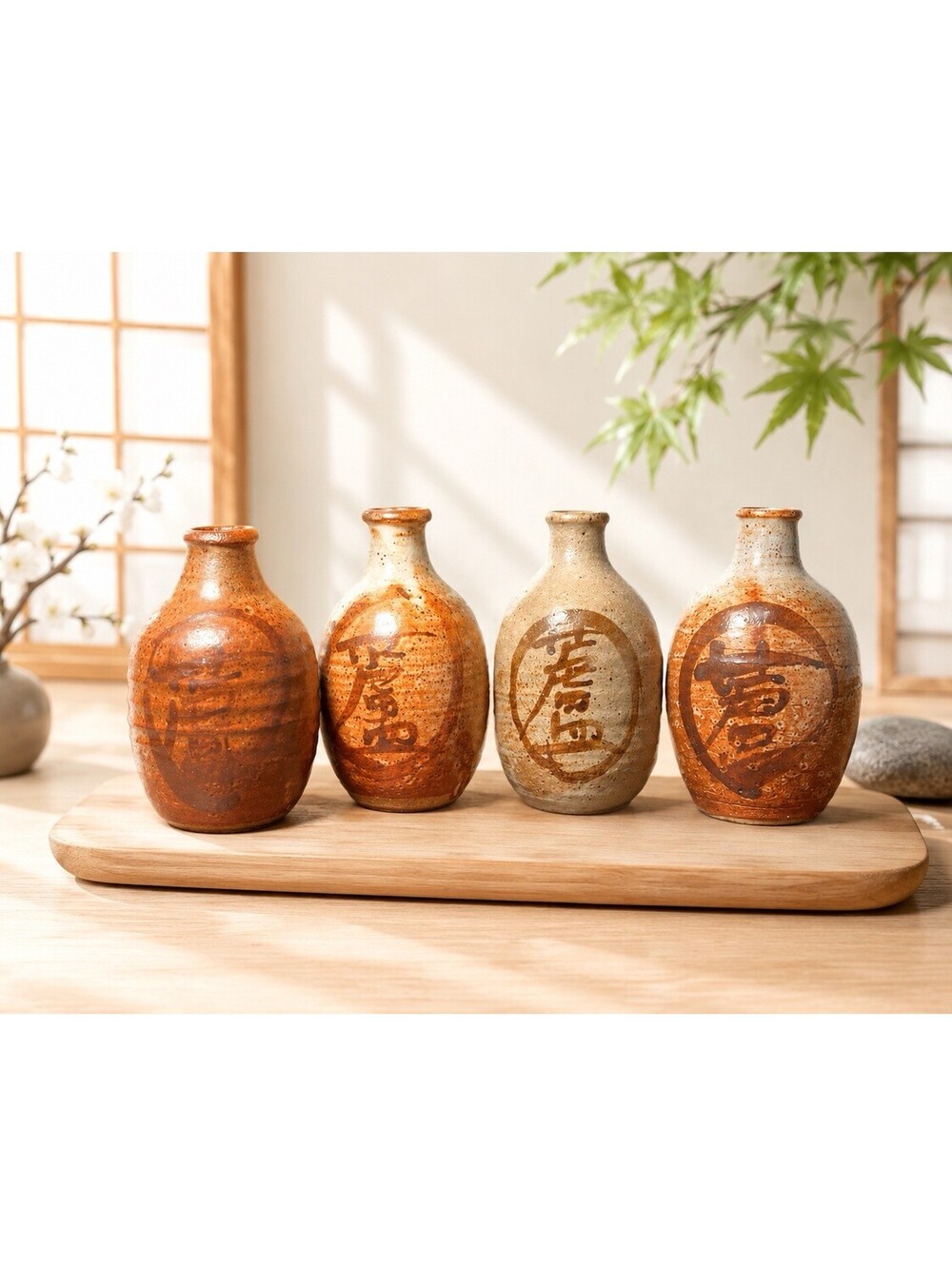 Japanese Vintage 1970s Set Of 4 Tokkuri Sake Flasks Ash Glazed Stoneware, 3x5”